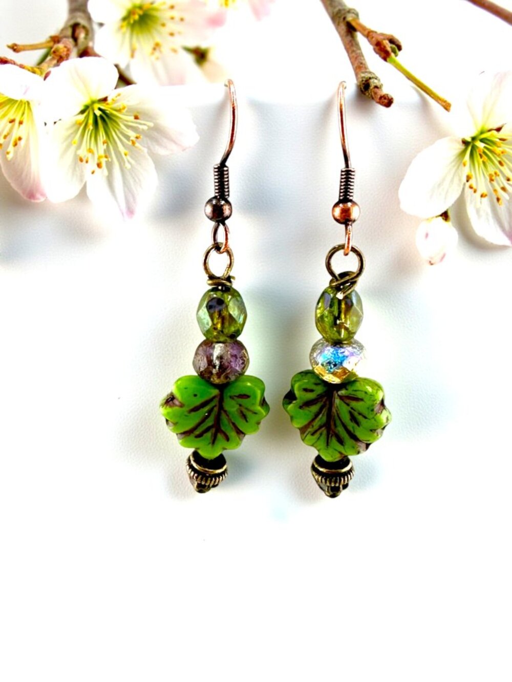 Green Maple Leaf Earrings Botanical Copper Dangle Czech Glass